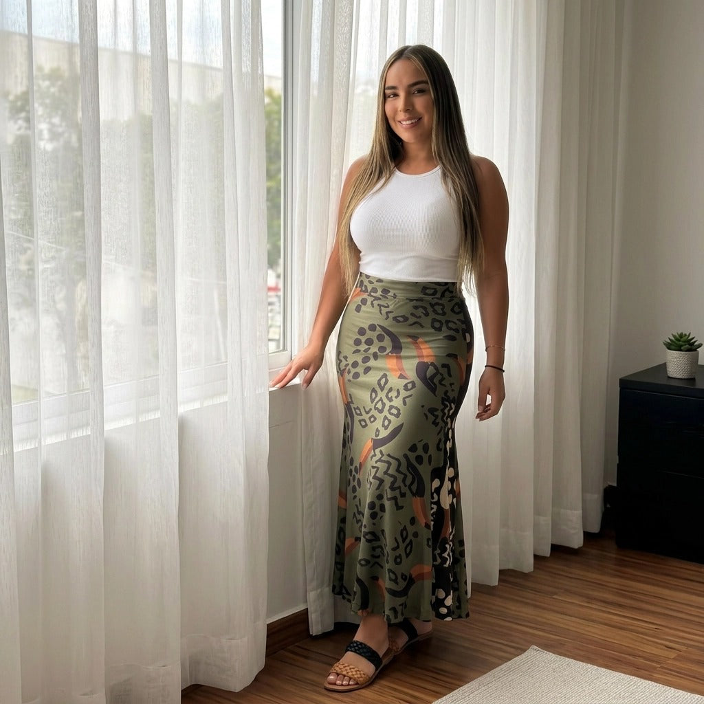 Paw Drazzel Boutique Women's Seamless, High-Waisted, Maxi Skirt, Elastic Waistband, Tribal Print, Africa Pencil Skirt