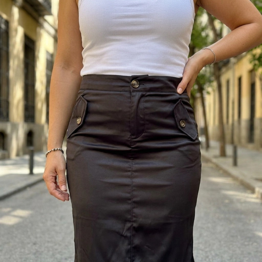 Paw Drazzel Boutique Women's Tailored, High-Waisted, Front Flap Pocket, Back Walking Slit, Maxi Pencil Skirt
