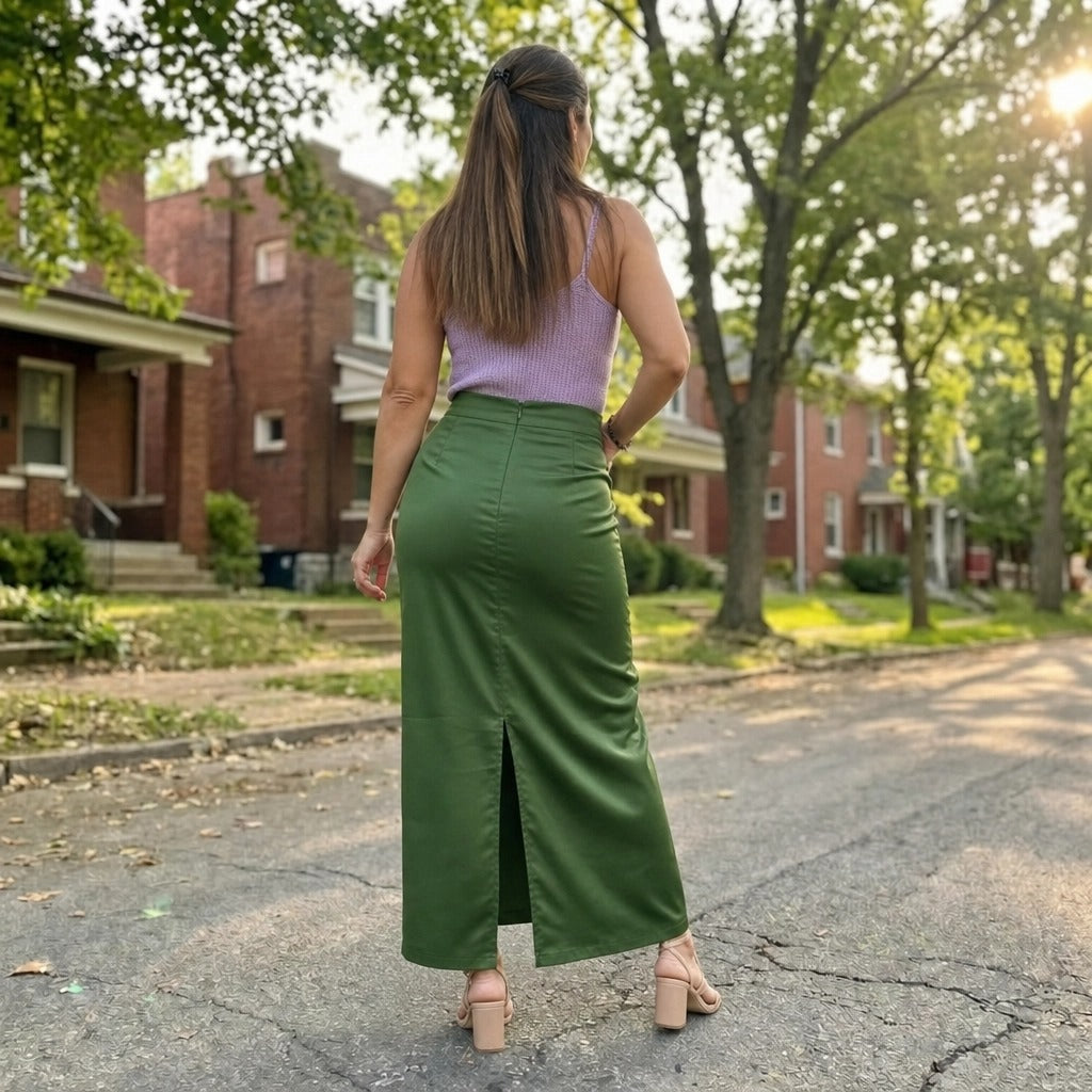 Paw Drazzel Boutique Women's Tailored, High-Waisted, Front Flap Pocket, Back Walking Slit, Maxi Pencil Skirt