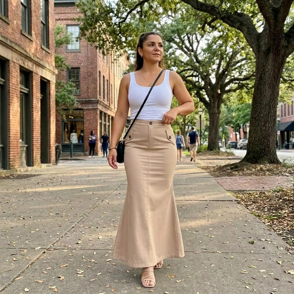 Paw Drazzel Boutique Women's Tailored, High-Waisted, Front Flap Pocket, Back Walking Slit, Maxi Pencil Skirt