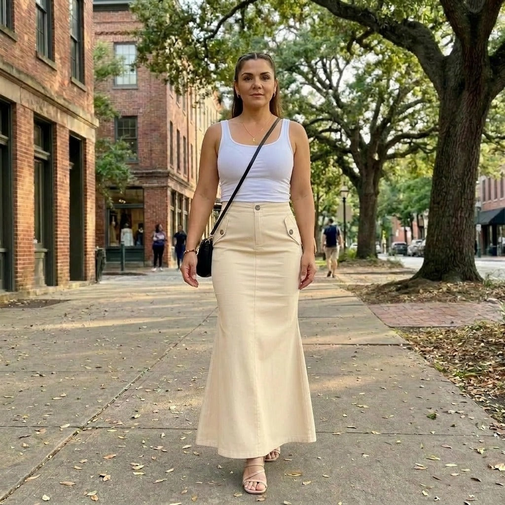 Paw Drazzel Boutique Women's Tailored, High-Waisted, Front Flap Pocket, Back Walking Slit, Maxi Pencil Skirt