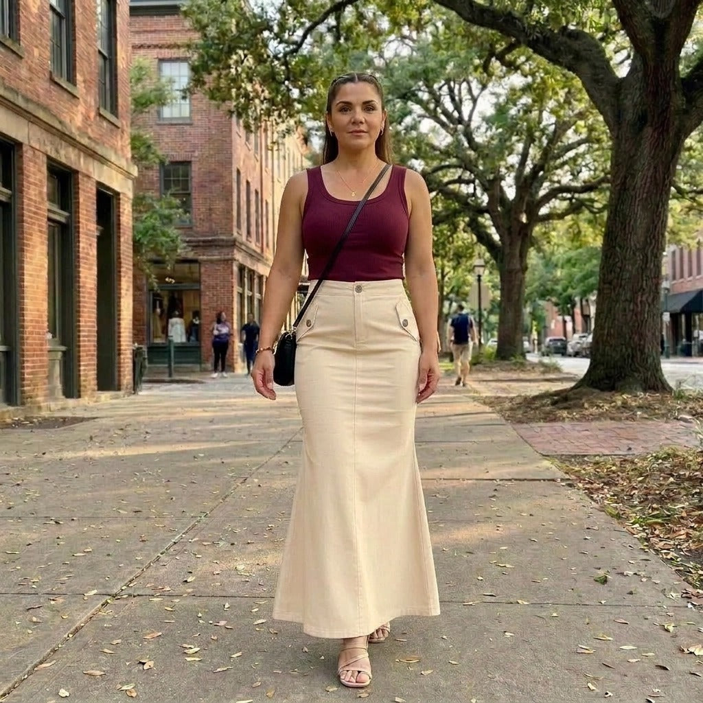 Paw Drazzel Boutique Women's Tailored, High-Waisted, Front Flap Pocket, Back Walking Slit, Maxi Pencil Skirt