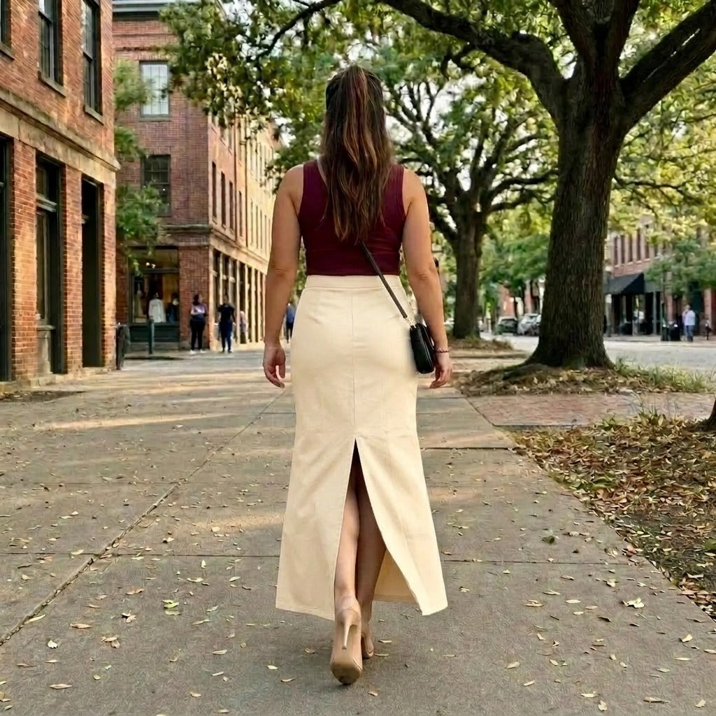 Paw Drazzel Boutique Women's Tailored, High-Waisted, Front Flap Pocket, Back Walking Slit, Maxi Pencil Skirt