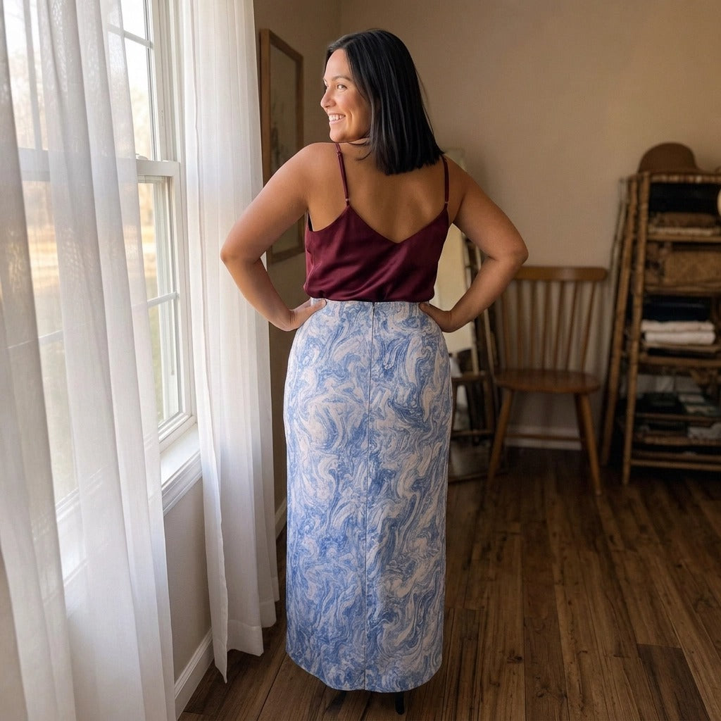 Paw Drazzel Boutique Women's, Adjustable Front Zipper, High Waist, Front Pockets, Ocean Marble Print, Maxi Skirt