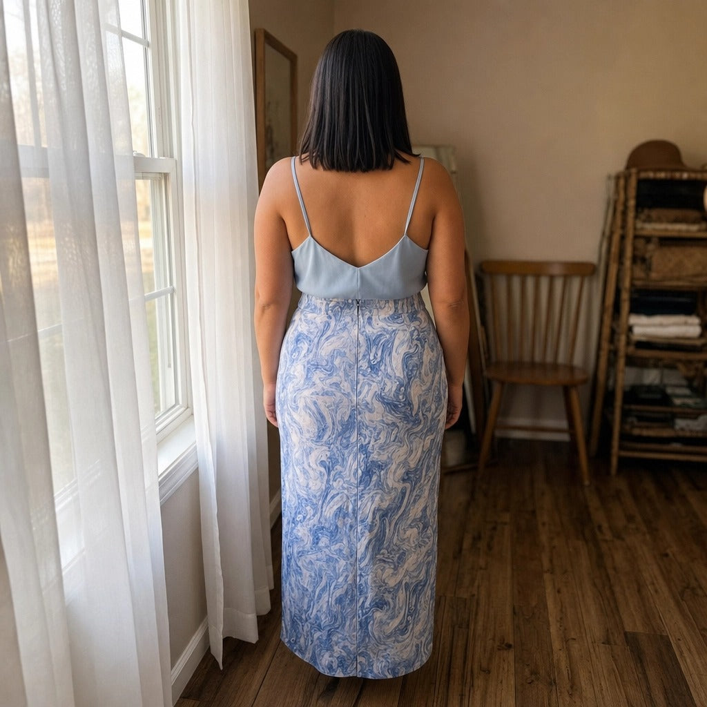 Paw Drazzel Boutique Women's, Adjustable Front Zipper, High Waist, Front Pockets, Ocean Marble Print, Maxi Skirt