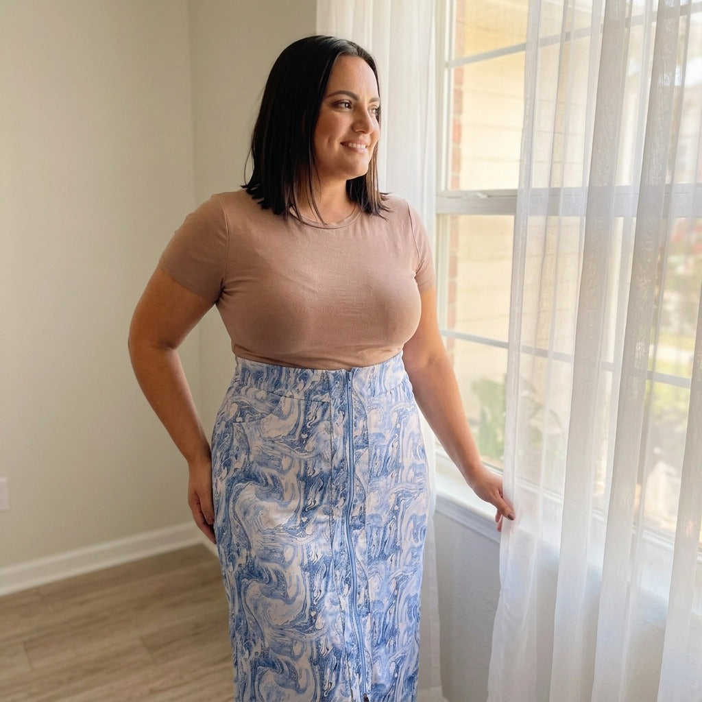 Paw Drazzel Boutique Women's, Adjustable Front Zipper, High Waist, Front Pockets, Ocean Marble Print, Maxi Skirt