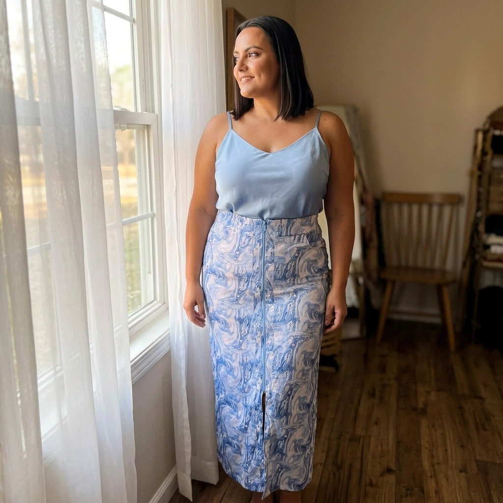 Paw Drazzel Boutique Women's, Adjustable Front Zipper, High Waist, Front Pockets, Ocean Marble Print, Maxi Skirt