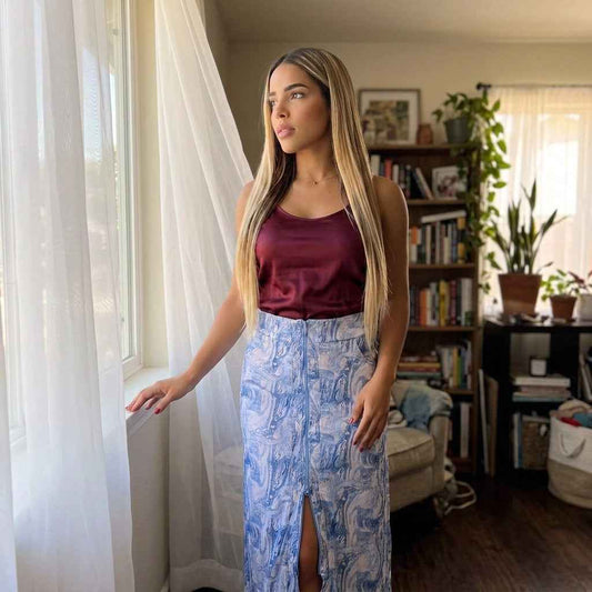 Paw Drazzel Boutique Women's, Adjustable Front Zipper, High Waist, Front Pockets, Ocean Marble Print, Maxi Skirt