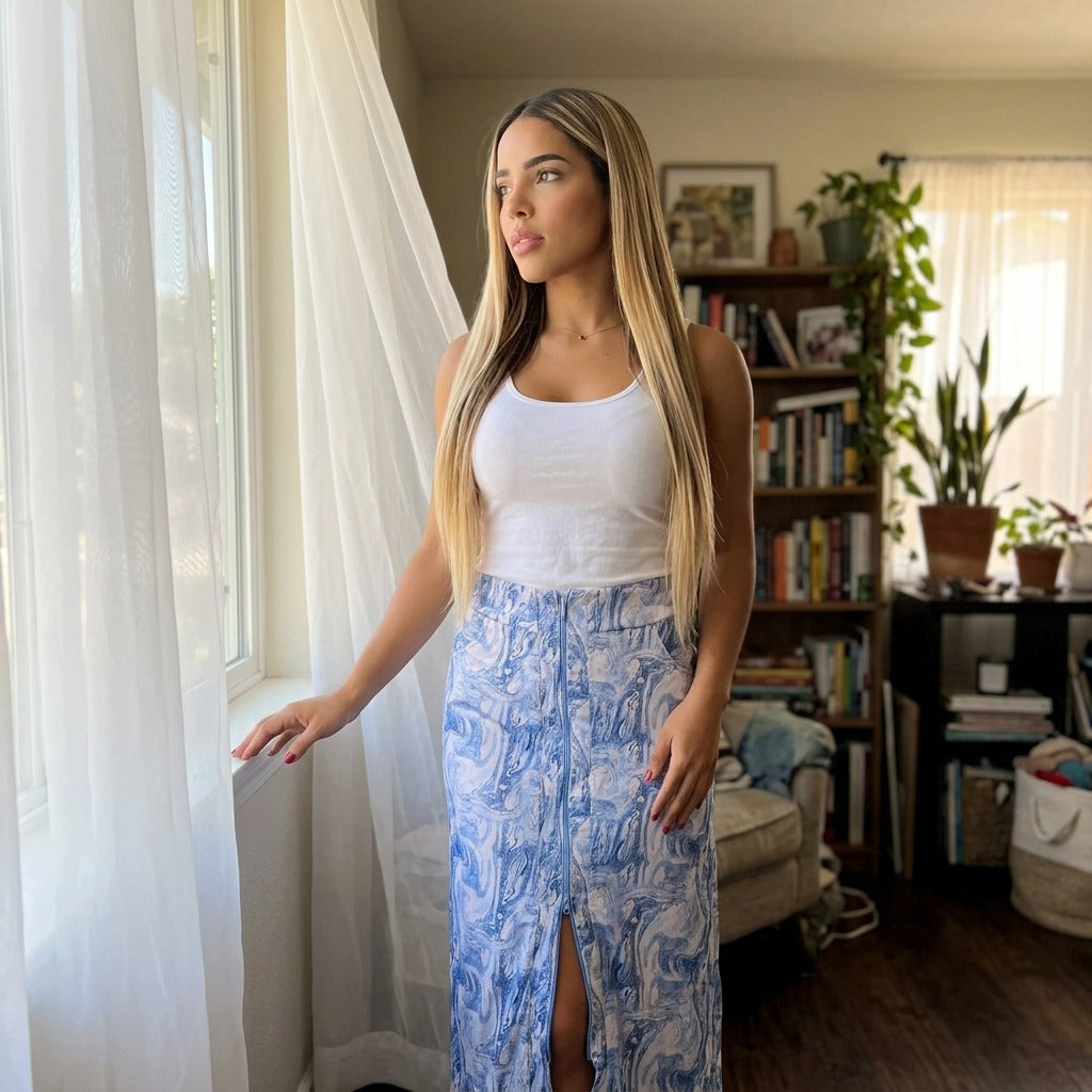 Paw Drazzel Boutique Women's, Adjustable Front Zipper, High Waist, Front Pockets, Ocean Marble Print, Maxi Skirt