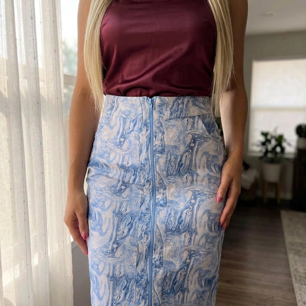 Paw Drazzel Boutique Women's, Adjustable Front Zipper, High Waist, Front Pockets, Ocean Marble Print, Maxi Skirt
