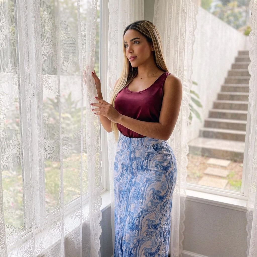 Paw Drazzel Boutique Women's, Adjustable Front Zipper, High Waist, Front Pockets, Ocean Marble Print, Maxi Skirt