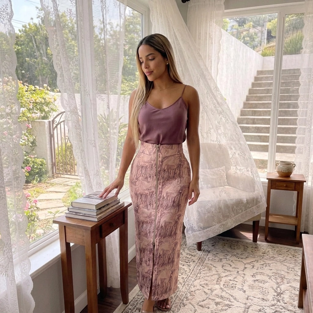 Paw Drazzel Boutique Women's, Adjustable Front Zipper, High Waist, Front Pockets, Ocean Marble Print, Maxi Skirt