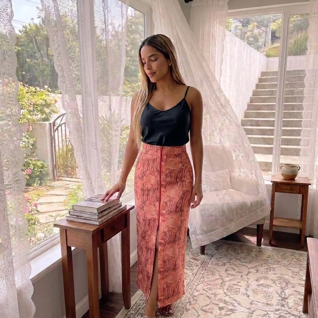 Paw Drazzel Boutique Women's, Adjustable Front Zipper, High Waist, Front Pockets, Ocean Marble Print, Maxi Skirt