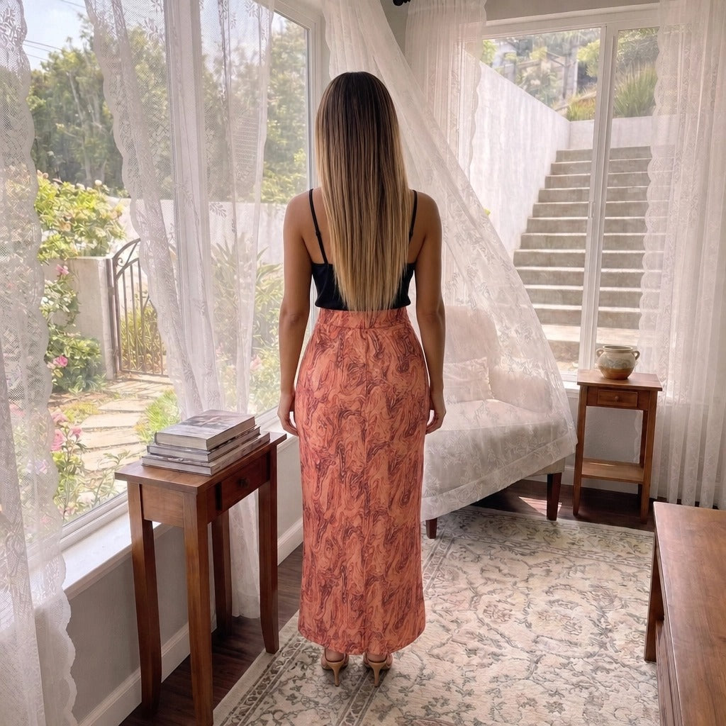 Paw Drazzel Boutique Women's, Adjustable Front Zipper, High Waist, Front Pockets, Ocean Marble Print, Maxi Skirt