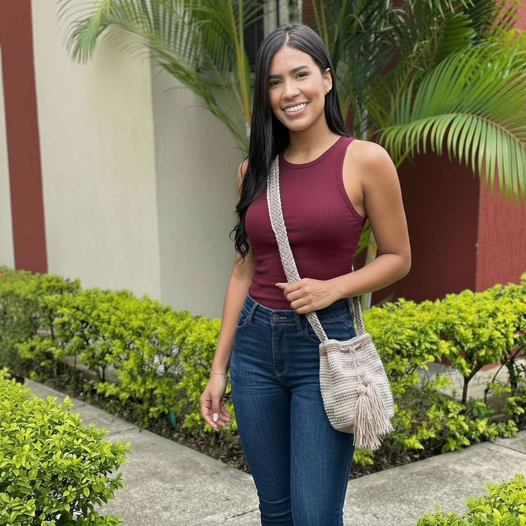 A woman wearing a sleeveless burgundy tank top and blue jeans stands outdoors carrying a beige woven bucket bag with a fringed strap.