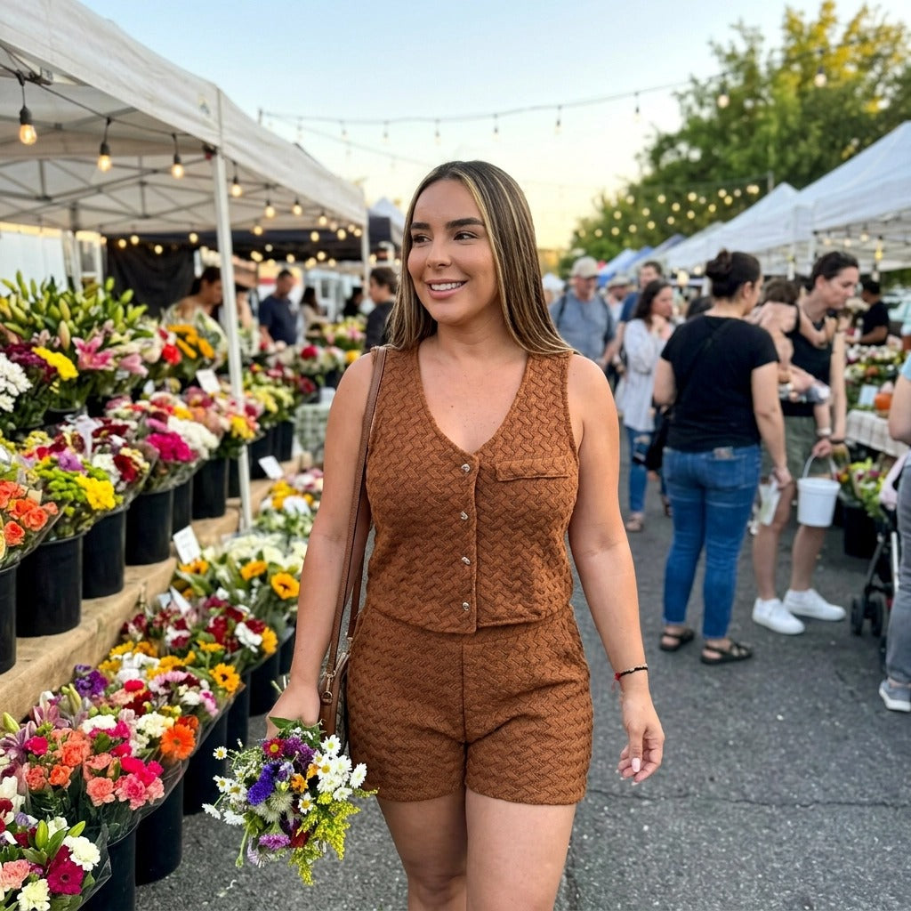 Paw Drazzel Boutique Women's Casualwear, Side Pockets, Side Zipper, Textured Knit Vest and Shorts Co-Ord Set
