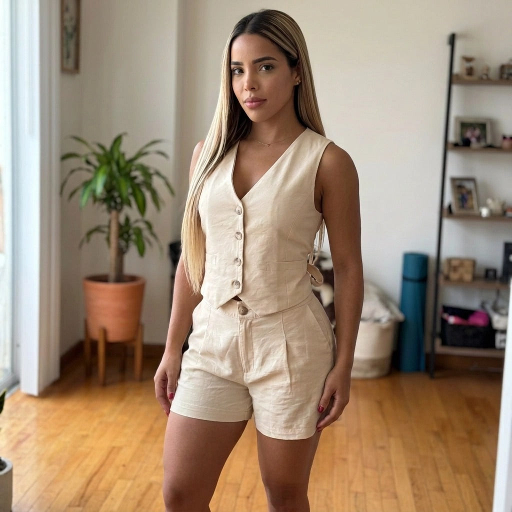 Paw Drazzel Boutique Women's Casualwear, Side Pockets, Linen-Blend, Button-Down Vest and Shorts Co-Ord Set