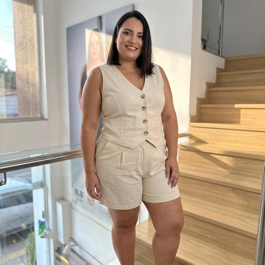 Paw Drazzel Boutique Women's Casualwear, Side Pockets, Linen-Blend, Button-Down Vest and Shorts Co-Ord Set