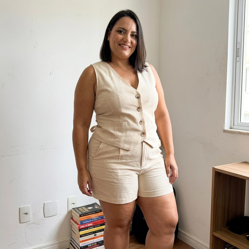 Paw Drazzel Boutique Women's Casualwear, Side Pockets, Linen-Blend, Button-Down Vest and Shorts Co-Ord Set