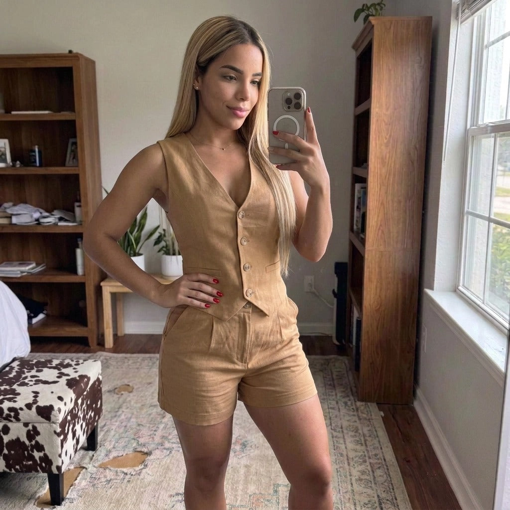 Paw Drazzel Boutique Women's Casualwear, Side Pockets, Linen-Blend, Button-Down Vest and Shorts Co-Ord Set