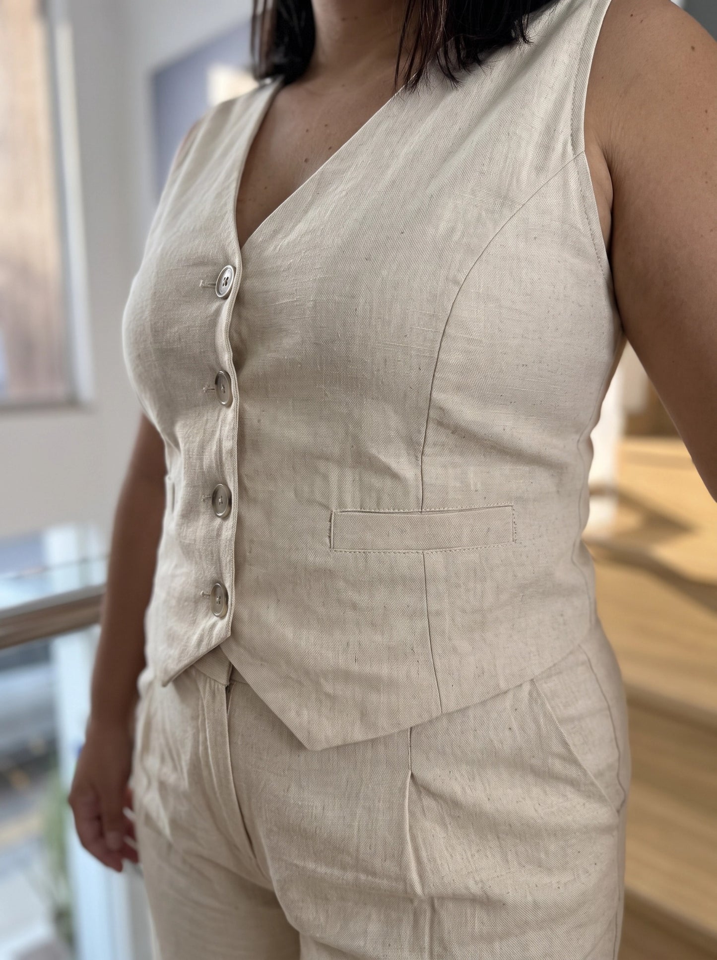 Paw Drazzel Boutique Women's Casualwear, Side Pockets, Linen-Blend, Button-Down Vest and Shorts Co-Ord Set
