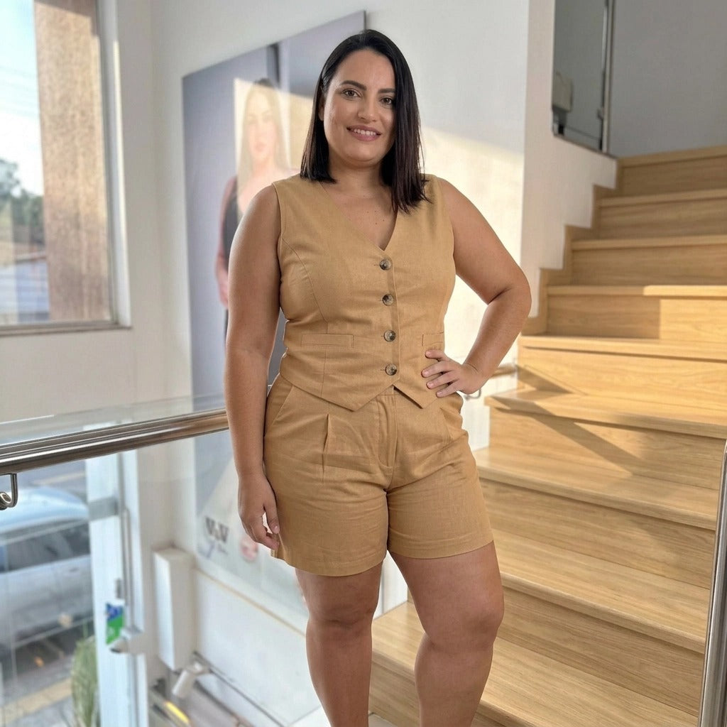 Paw Drazzel Boutique Women's Casualwear, Side Pockets, Linen-Blend, Button-Down Vest and Shorts Co-Ord Set