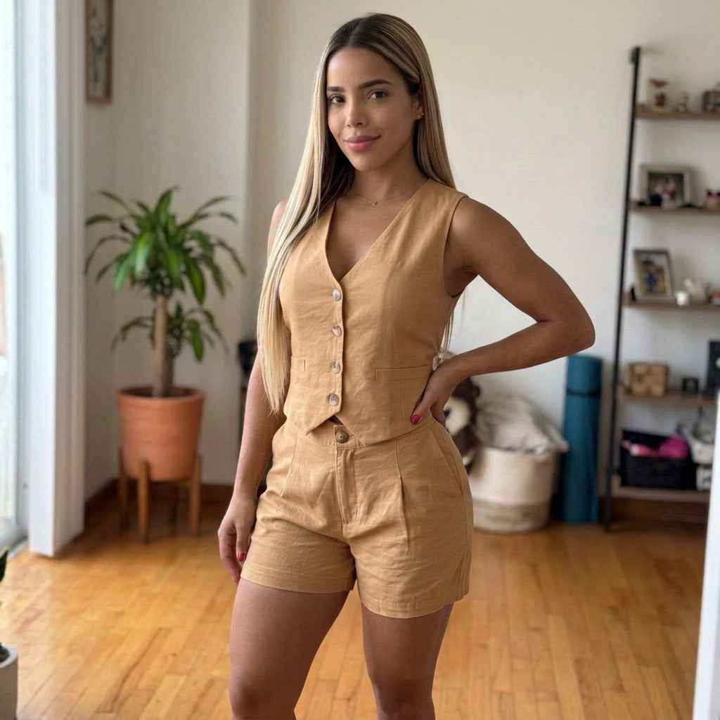 Paw Drazzel Boutique Women's Casualwear, Side Pockets, Linen-Blend, Button-Down Vest and Shorts Co-Ord Set