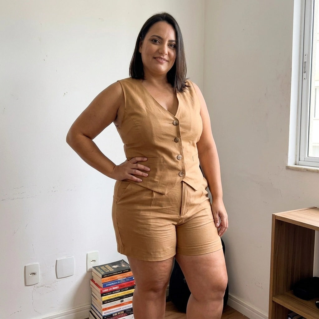 Paw Drazzel Boutique Women's Casualwear, Side Pockets, Linen-Blend, Button-Down Vest and Shorts Co-Ord Set