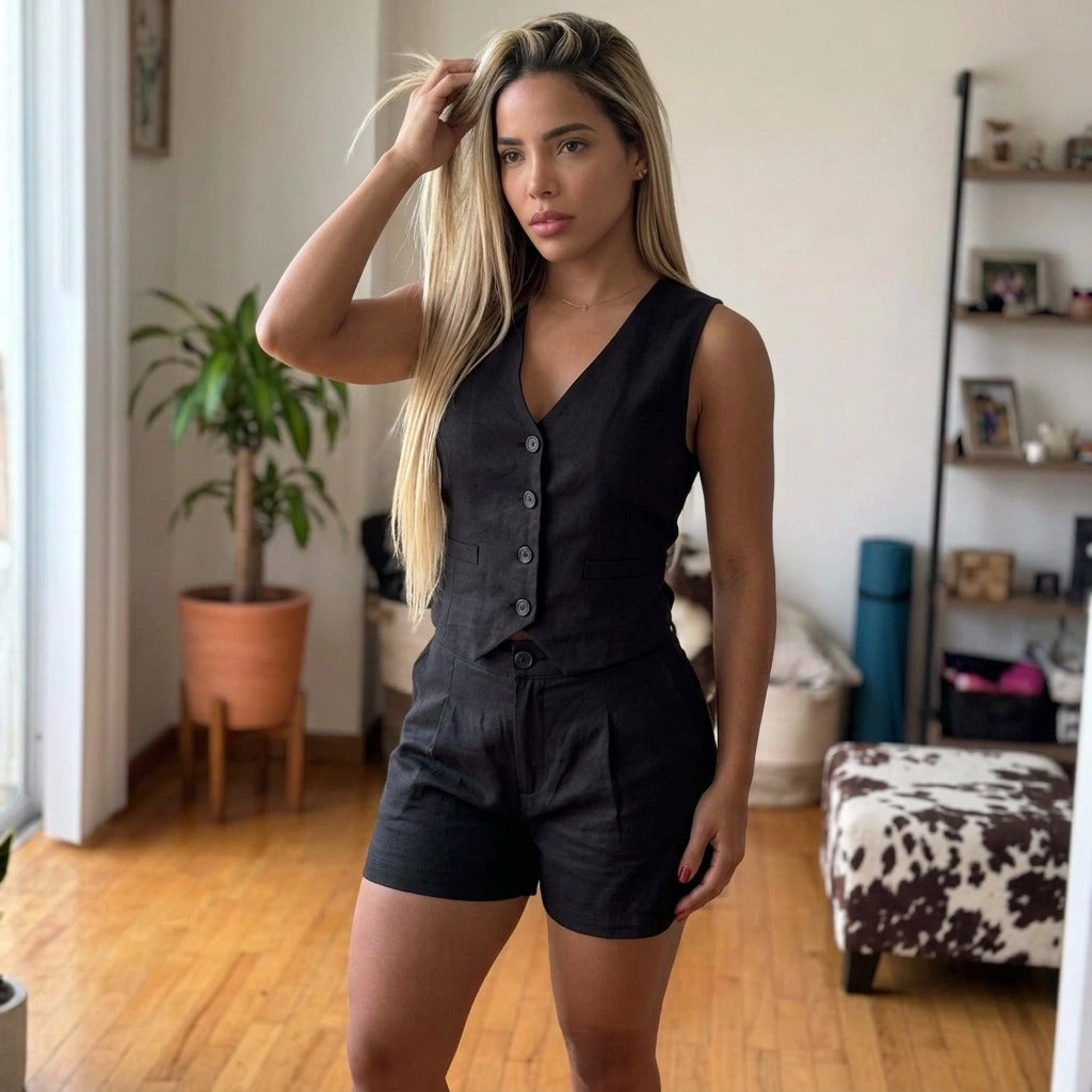 Paw Drazzel Boutique Women's Casualwear, Side Pockets, Linen-Blend, Button-Down Vest and Shorts Co-Ord Set