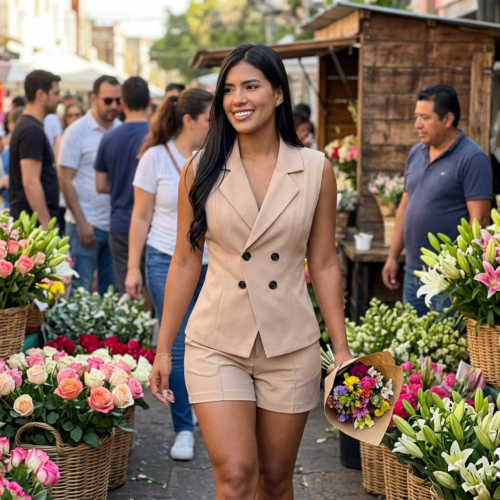Paw Drazzel Boutique Women's Casualwear, Side Pockets, Double-Breasted, Tailored Vest and Shorts Co-Ord Set