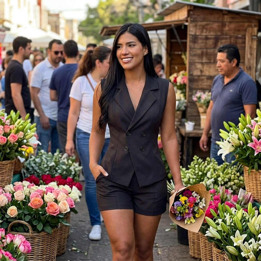 Paw Drazzel Boutique Women's Casualwear, Side Pockets, Double-Breasted, Tailored Vest and Shorts Co-Ord Set