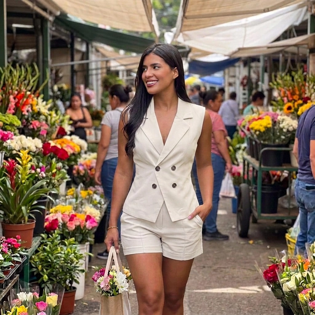 Paw Drazzel Boutique Women's Casualwear, Side Pockets, Double-Breasted, Tailored Vest and Shorts Co-Ord Set