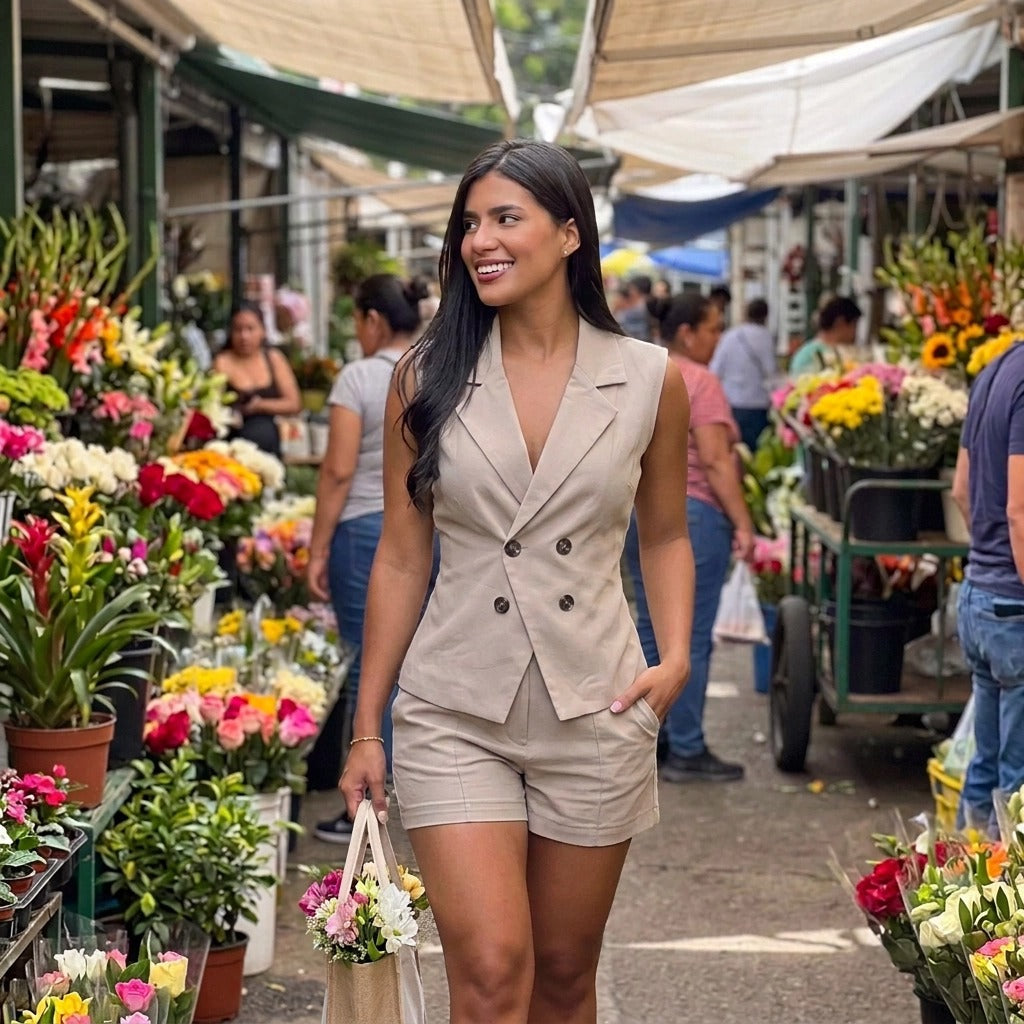 Paw Drazzel Boutique Women's Casualwear, Side Pockets, Double-Breasted, Tailored Vest and Shorts Co-Ord Set