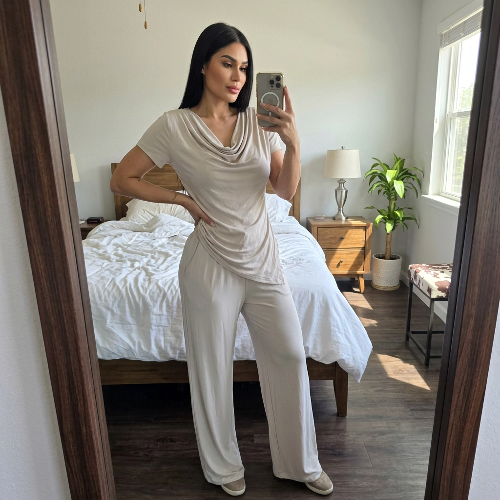 Paw Drazzel Boutique Women's Casualwear, Cascade Front, Pocketed, Short Sleeve, Straight Leg, Elastic High Rise Waist, Two Piece,  Waterfall Co-Ord Suit