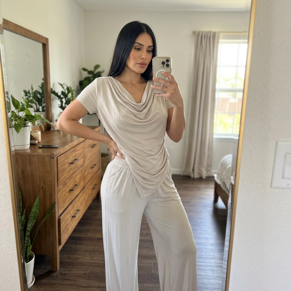Paw Drazzel Boutique Women's Casualwear, Cascade Front, Pocketed, Short Sleeve, Straight Leg, Elastic High Rise Waist, Two Piece,  Waterfall Co-Ord Suit