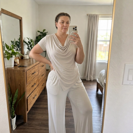Paw Drazzel Boutique Women's Casualwear, Cascade Front, Pocketed, Short Sleeve, Straight Leg, Elastic High Rise Waist, Two Piece,  Waterfall Co-Ord Suit