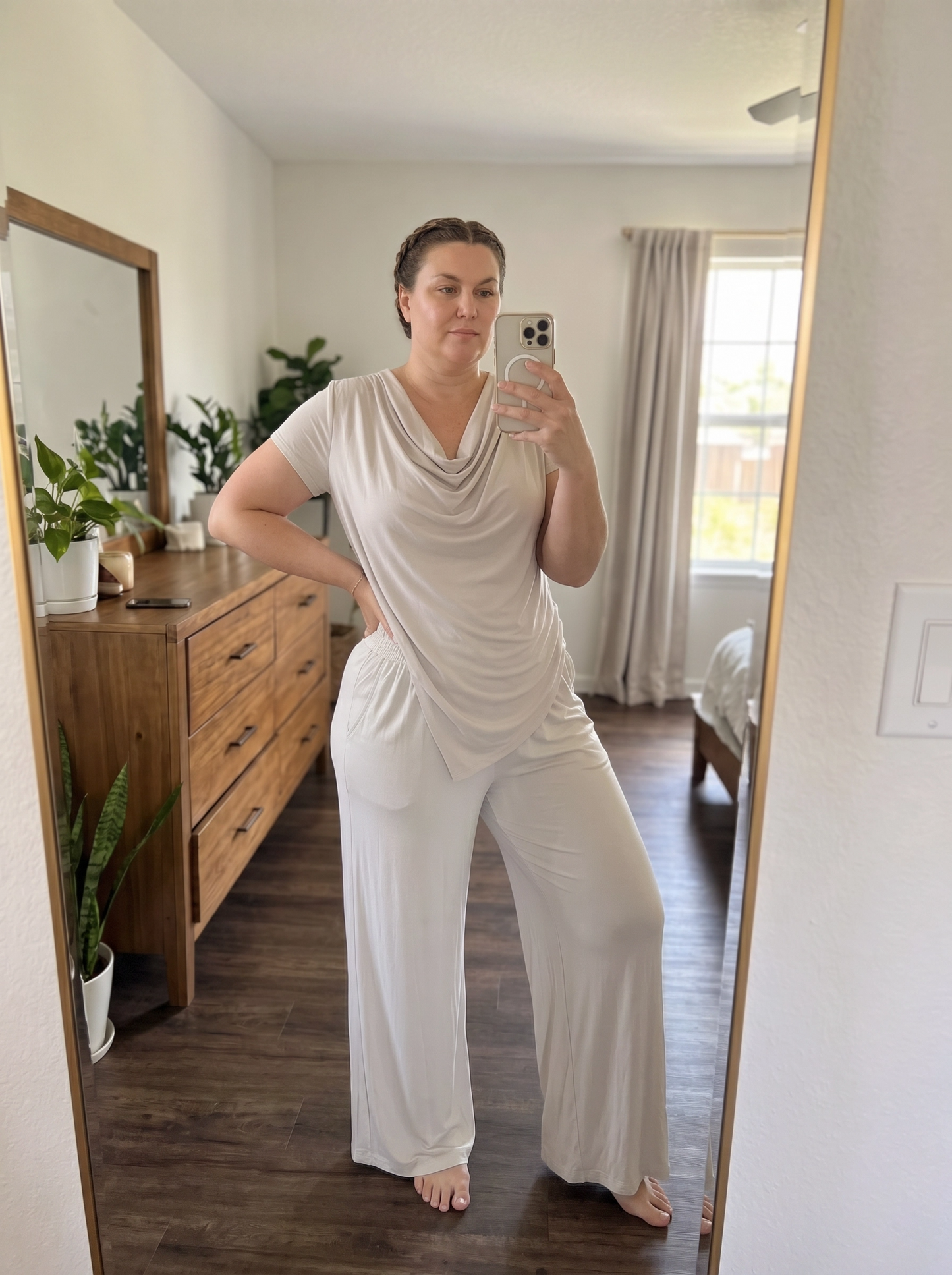 Paw Drazzel Boutique Women's Casualwear, Cascade Front, Pocketed, Short Sleeve, Straight Leg, Elastic High Rise Waist, Two Piece,  Waterfall Co-Ord Suit