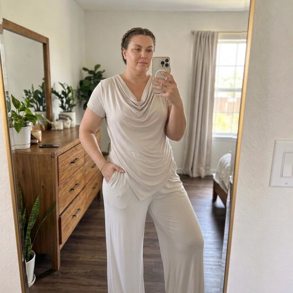 Paw Drazzel Boutique Women's Casualwear, Cascade Front, Pocketed, Short Sleeve, Straight Leg, Elastic High Rise Waist, Two Piece,  Waterfall Co-Ord Suit