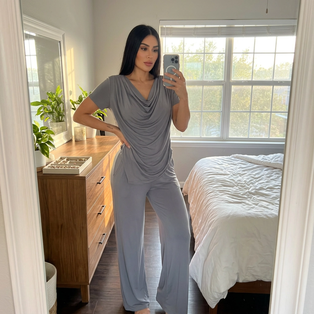 Paw Drazzel Boutique Women's Casualwear, Cascade Front, Pocketed, Short Sleeve, Straight Leg, Elastic High Rise Waist, Two Piece,  Waterfall Co-Ord Suit