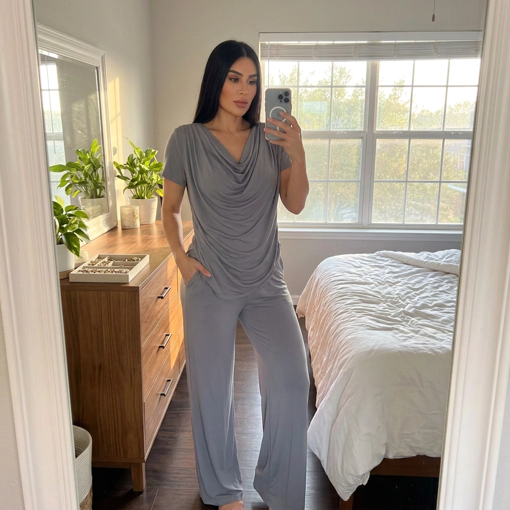 Paw Drazzel Boutique Women's Casualwear, Cascade Front, Pocketed, Short Sleeve, Straight Leg, Elastic High Rise Waist, Two Piece,  Waterfall Co-Ord Suit