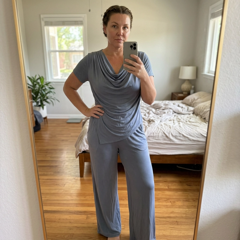 Paw Drazzel Boutique Women's Casualwear, Cascade Front, Pocketed, Short Sleeve, Straight Leg, Elastic High Rise Waist, Two Piece,  Waterfall Co-Ord Suit