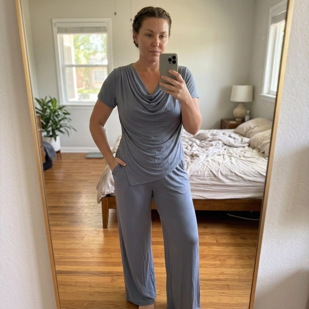 Paw Drazzel Boutique Women's Casualwear, Cascade Front, Pocketed, Short Sleeve, Straight Leg, Elastic High Rise Waist, Two Piece,  Waterfall Co-Ord Suit