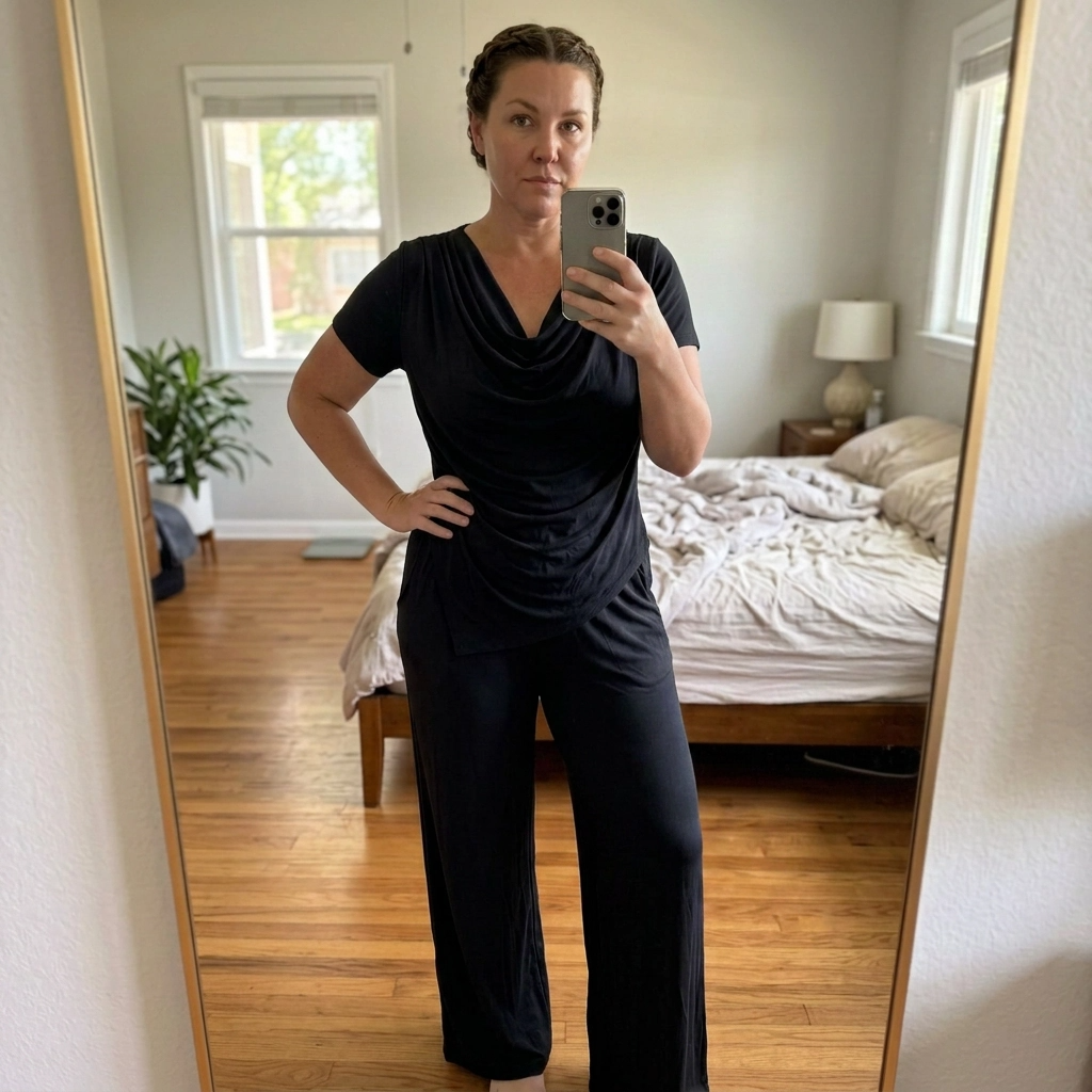 Paw Drazzel Boutique Women's Casualwear, Cascade Front, Pocketed, Short Sleeve, Straight Leg, Elastic High Rise Waist, Two Piece,  Waterfall Co-Ord Suit