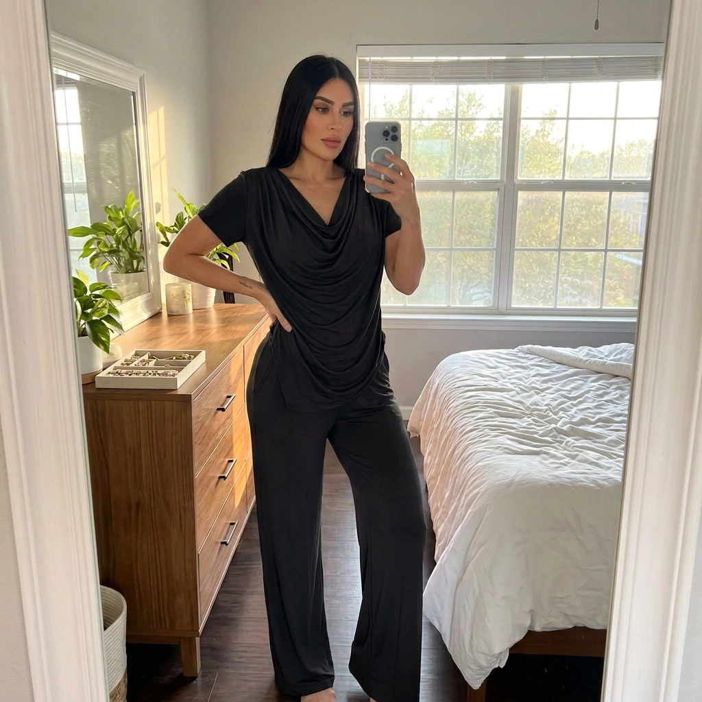 Paw Drazzel Boutique Women's Casualwear, Cascade Front, Pocketed, Short Sleeve, Straight Leg, Elastic High Rise Waist, Two Piece,  Waterfall Co-Ord Suit