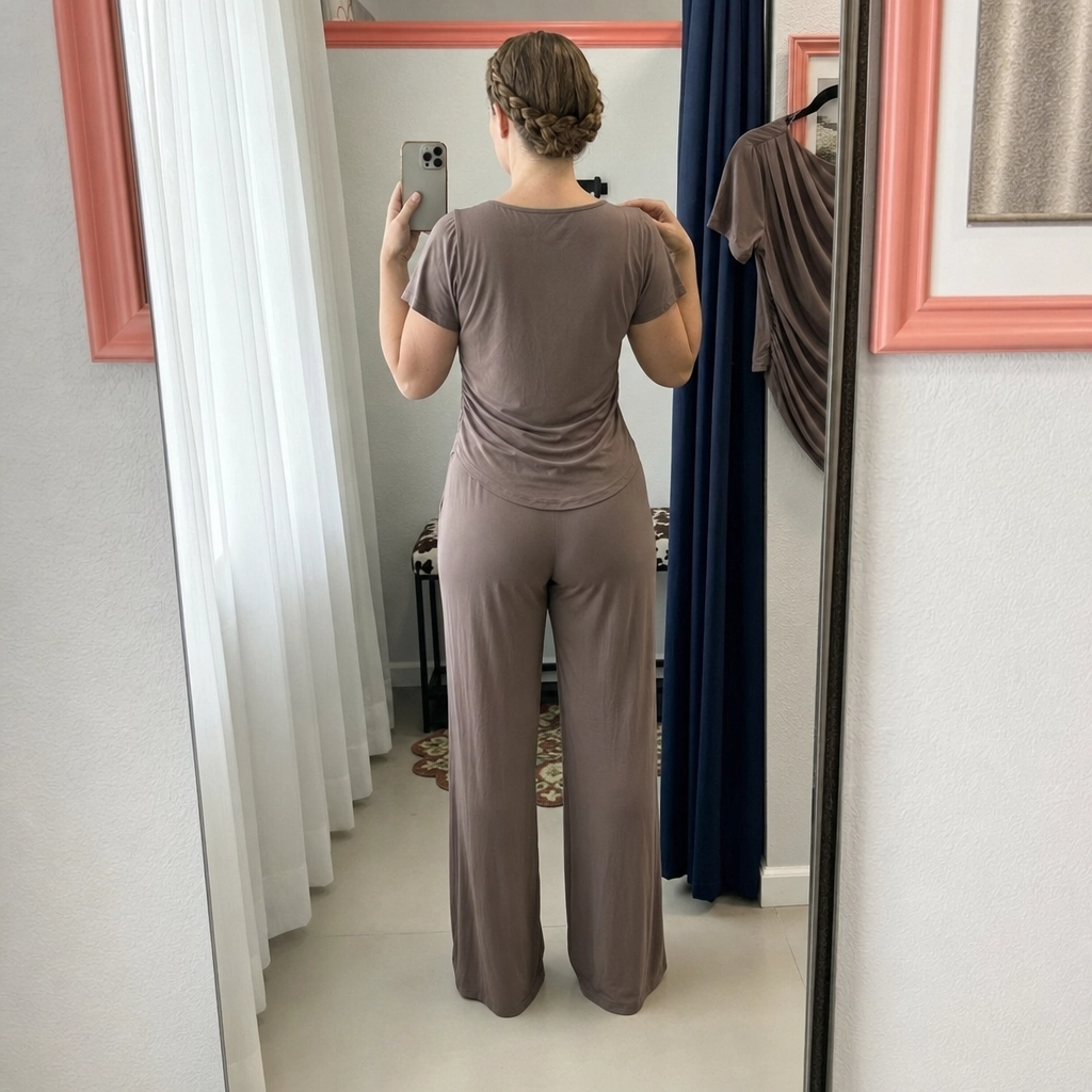 Paw Drazzel Boutique Women's Casualwear, Cascade Front, Pocketed, Short Sleeve, Straight Leg, Elastic High Rise Waist, Two Piece,  Waterfall Co-Ord Suit
