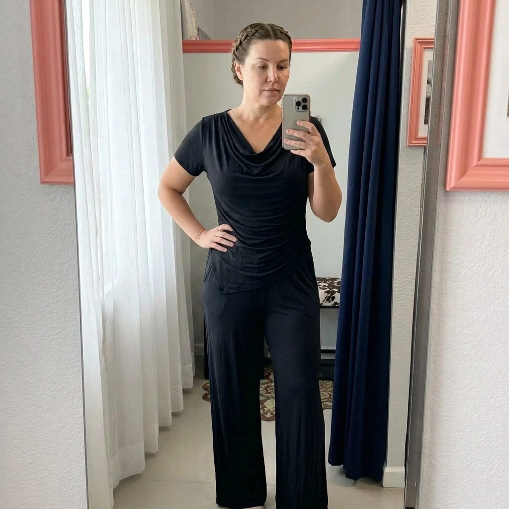 Paw Drazzel Boutique Women's Casualwear, Cascade Front, Pocketed, Short Sleeve, Straight Leg, Elastic High Rise Waist, Two Piece,  Waterfall Co-Ord Suit