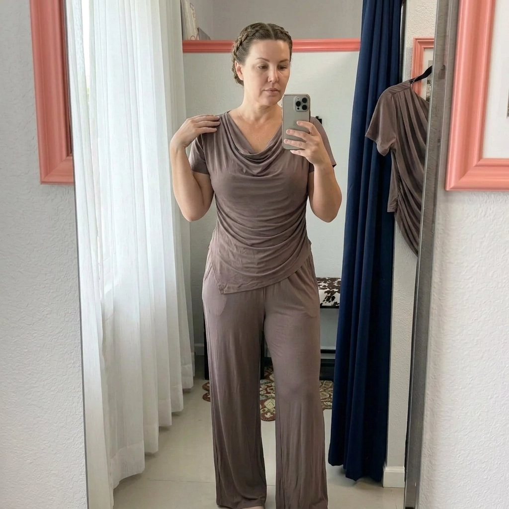 Paw Drazzel Boutique Women's Casualwear, Cascade Front, Pocketed, Short Sleeve, Straight Leg, Elastic High Rise Waist, Two Piece,  Waterfall Co-Ord Suit
