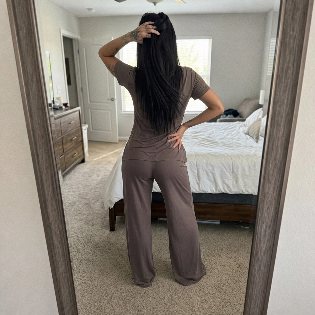 Paw Drazzel Boutique Women's Casualwear, Cascade Front, Pocketed, Short Sleeve, Straight Leg, Elastic High Rise Waist, Two Piece,  Waterfall Co-Ord Suit