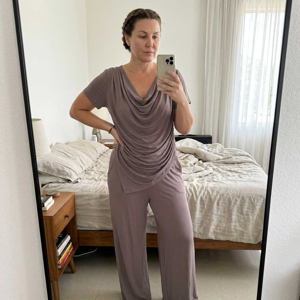 Paw Drazzel Boutique Women's Casualwear, Cascade Front, Pocketed, Short Sleeve, Straight Leg, Elastic High Rise Waist, Two Piece,  Waterfall Co-Ord Suit