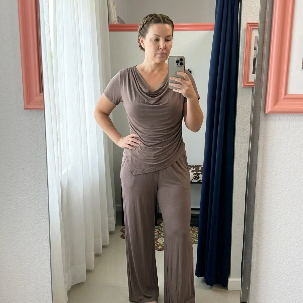 Paw Drazzel Boutique Women's Casualwear, Cascade Front, Pocketed, Short Sleeve, Straight Leg, Elastic High Rise Waist, Two Piece,  Waterfall Co-Ord Suit